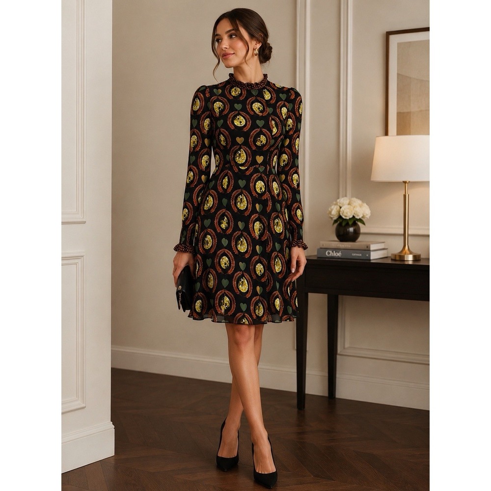 Temperley London Dress Size 4 Boho Luxe Romantic Novelty Medallion Heart Print
